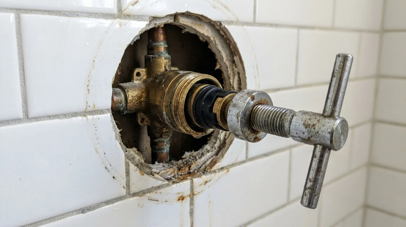 Shower valve cartridge being removed through the trim opening in a Houston bathroom