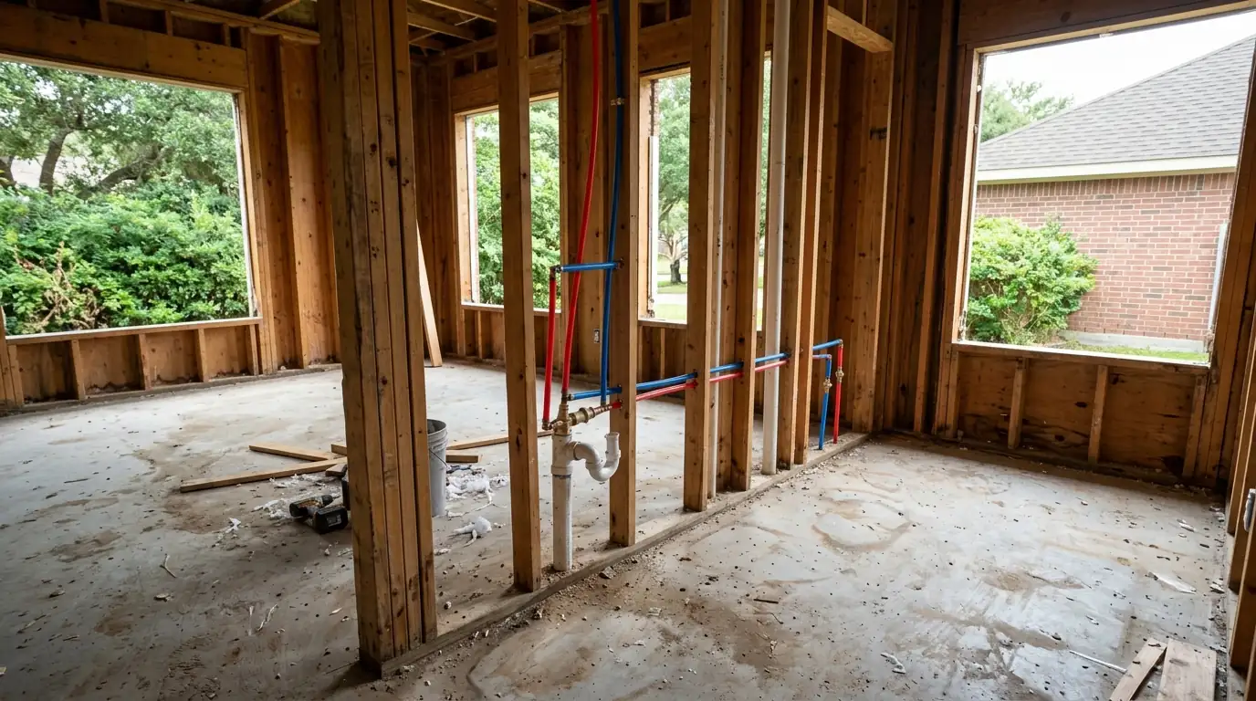 New PEX lines run through open studs during a flood-recovery repipe in Friendswood, TX