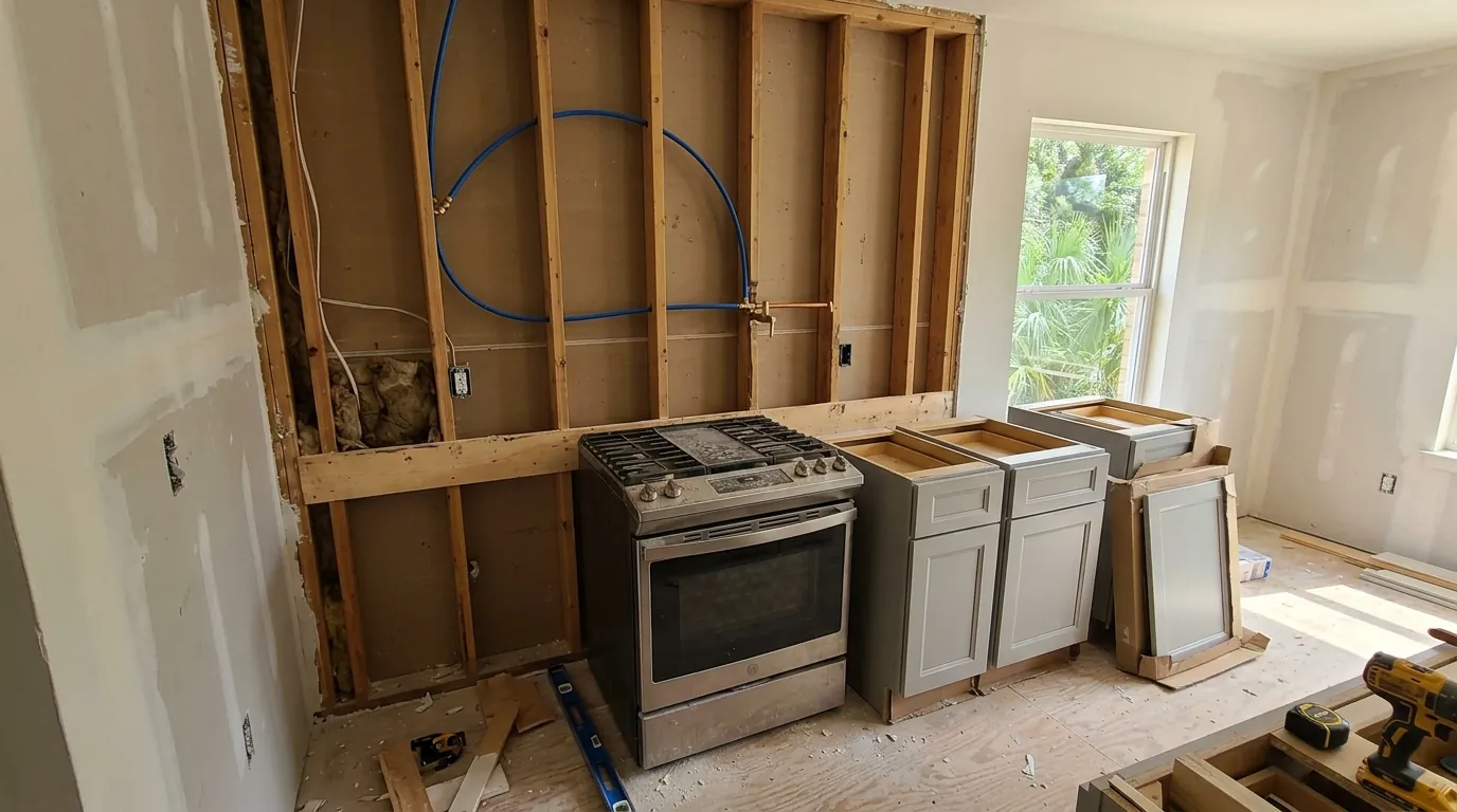 Pot filler water line roughed in above a range in a Houston kitchen
