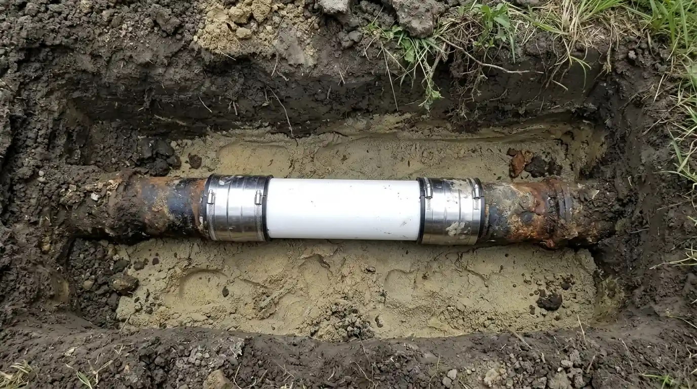 New PVC sewer section coupled to old pipe in a Houston repair