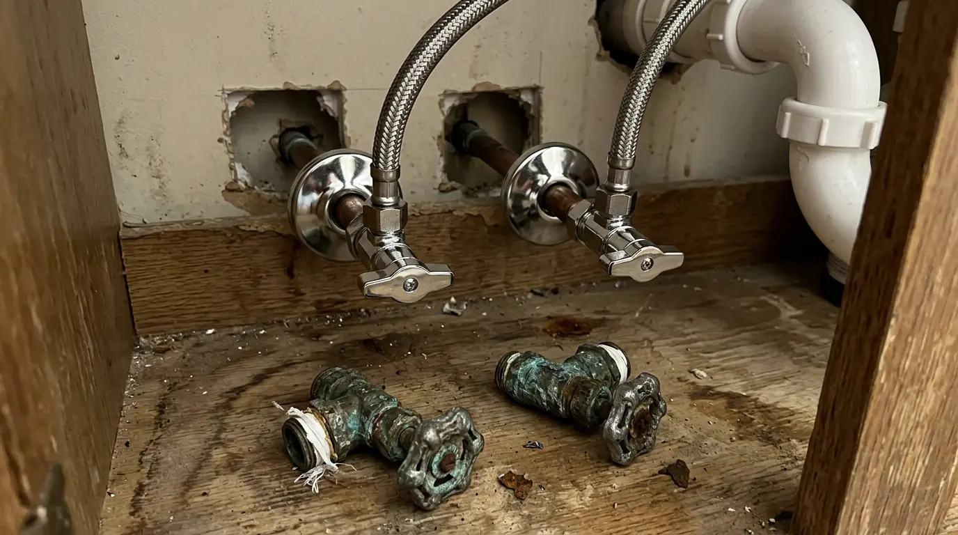 New fixture stop valves under a bathroom sink in a Houston house