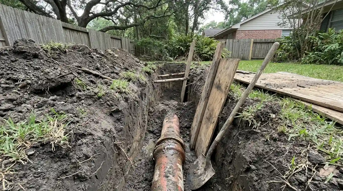 Cracked clay sewer joint exposed for repair in a Houston yard