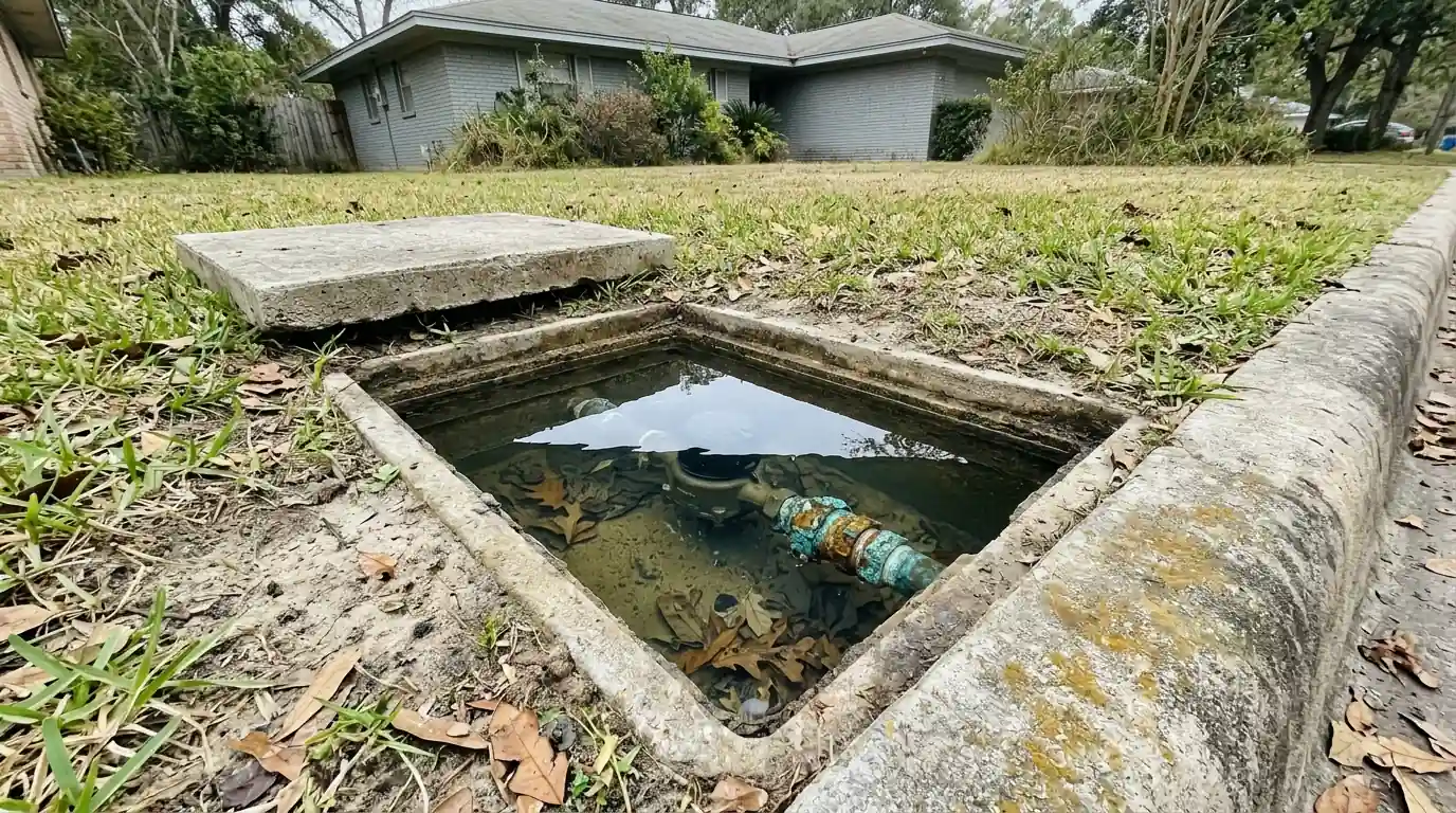 Flooded meter box from a leaking service line connection in Houston