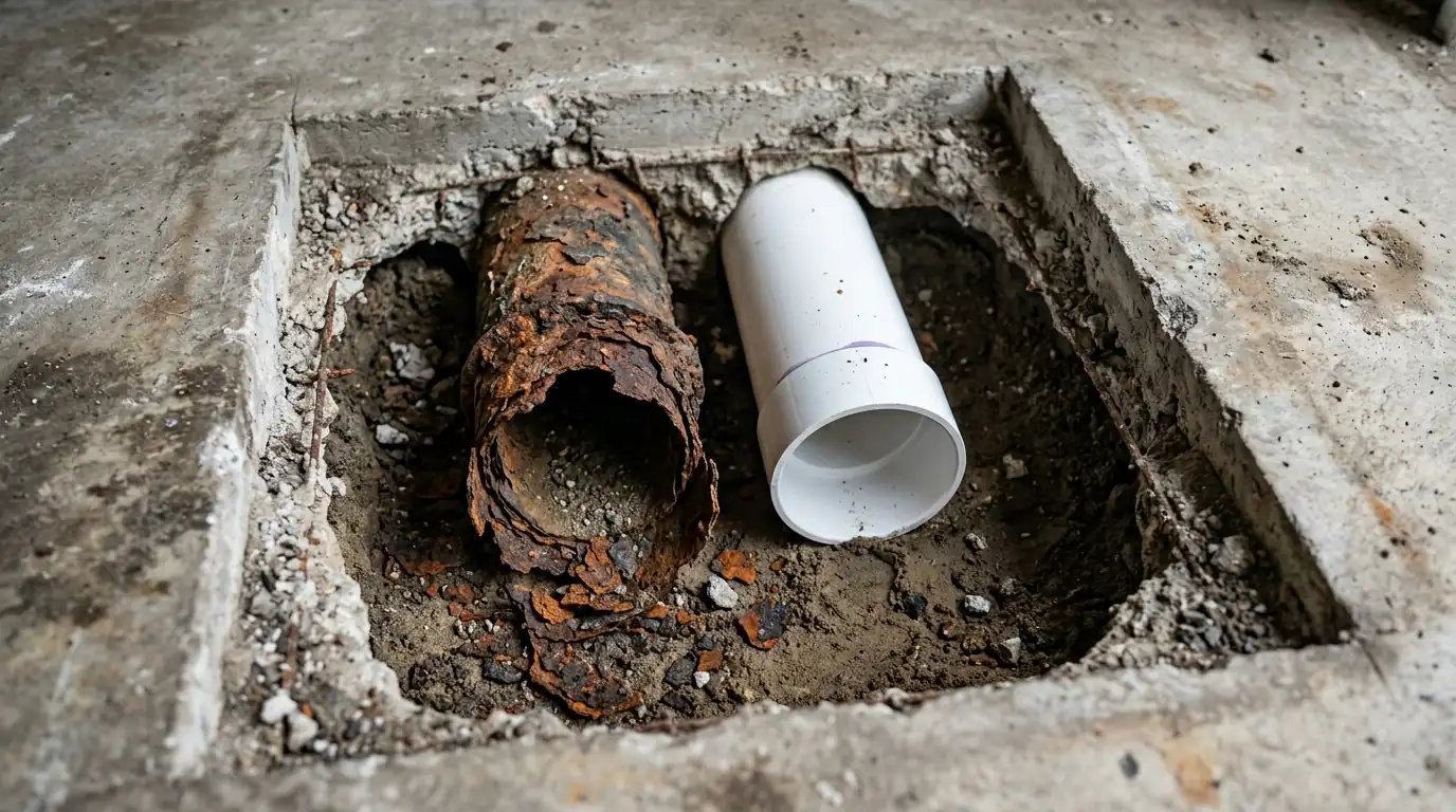 Rotted cast iron drain replaced with PVC under a Houston slab
