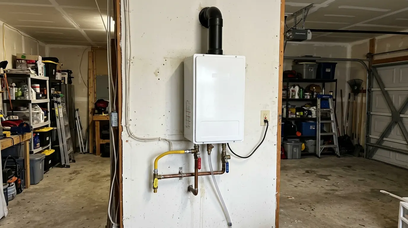 Wall-mounted tankless gas water heater beside an older tank heater in a Houston garage