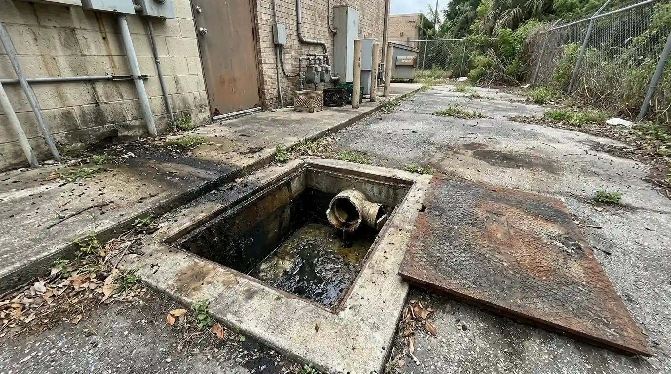 Open in-ground grease trap with a broken outlet tee behind a Houston restaurant