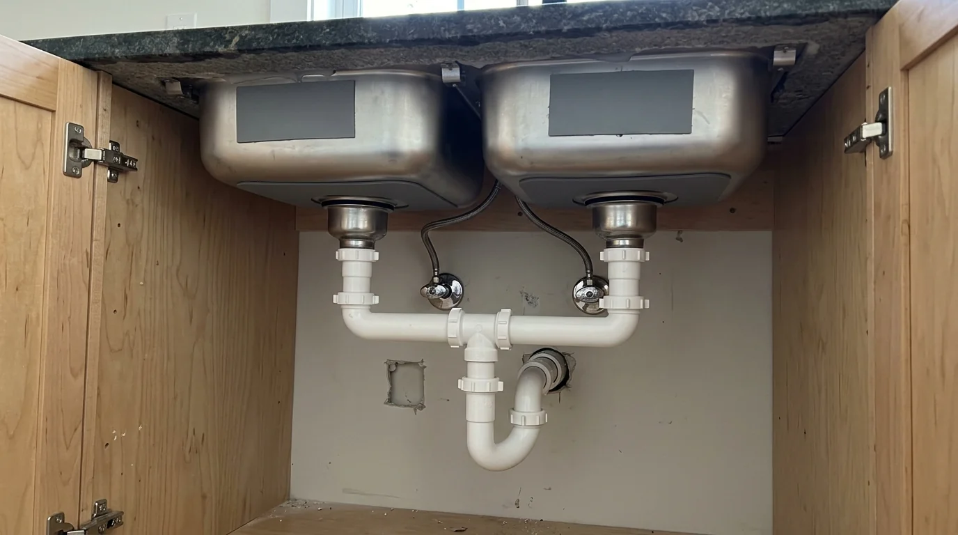 New undermount kitchen sink drain and trap installed in a Houston home