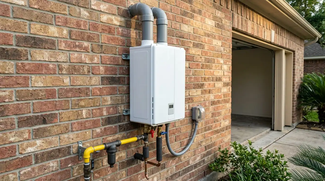Gas tankless water heater with new vent pipes on a Houston garage wall