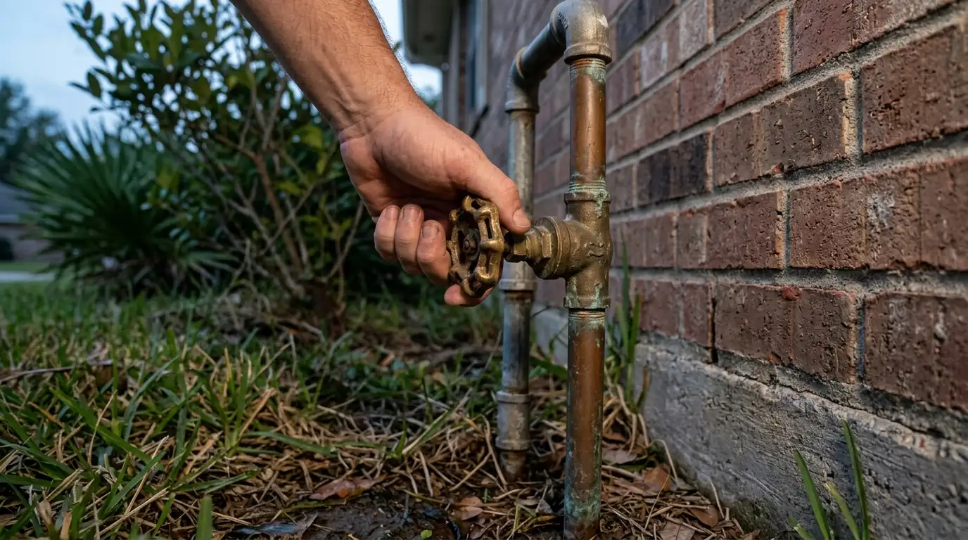 Main water shut-off valve being closed outside a Houston brick home