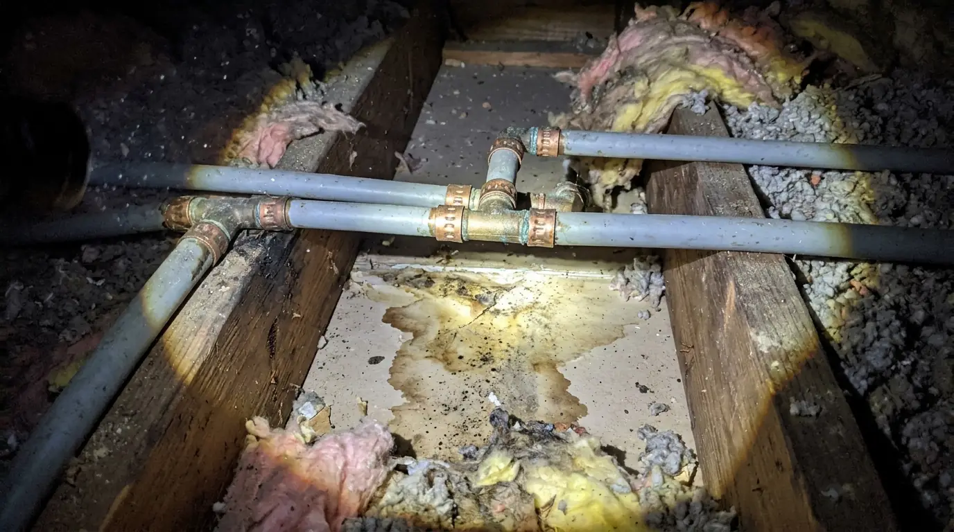 Gray polybutylene pipe and crimp fittings found in a Houston attic