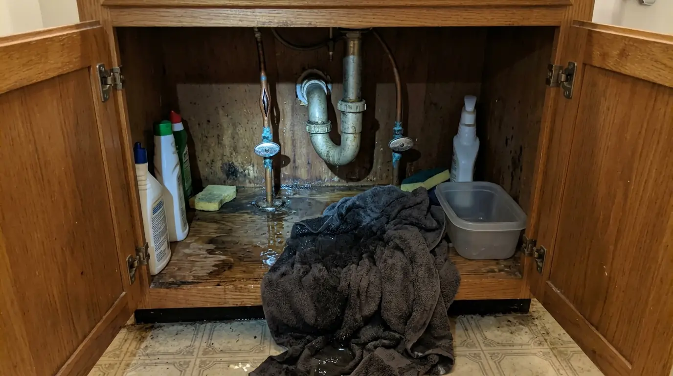 Freeze-split water pipe under a bathroom sink in South Houston, TX