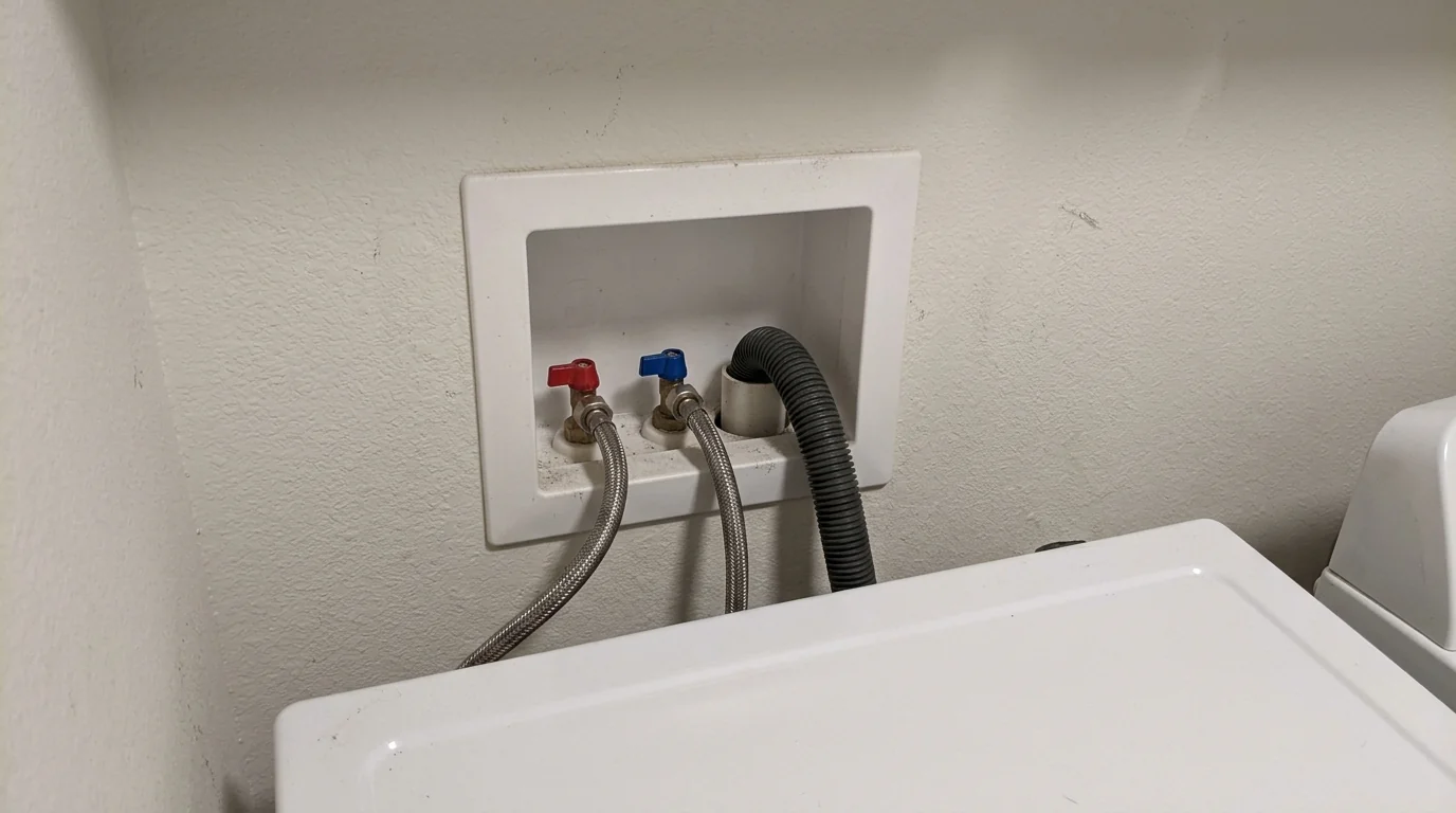 Washing machine valve box and braided hoses installed in a Houston laundry room