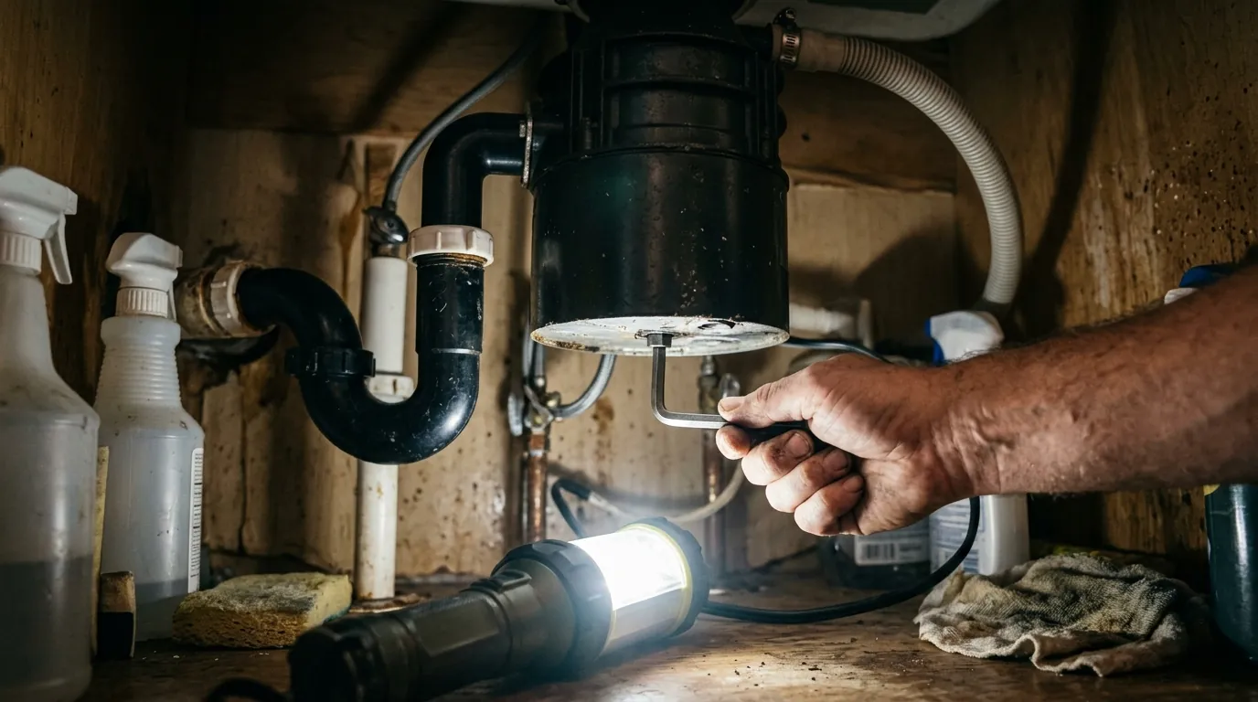 Freeing a jammed garbage disposal with a hex key under a Houston kitchen sink