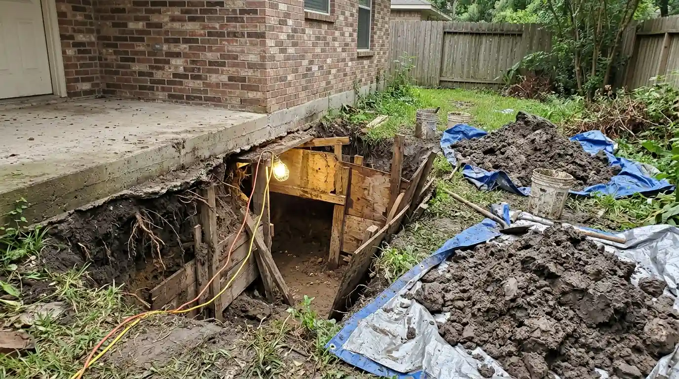 Tunnel dug beside a Houston foundation to reach an under-slab drain