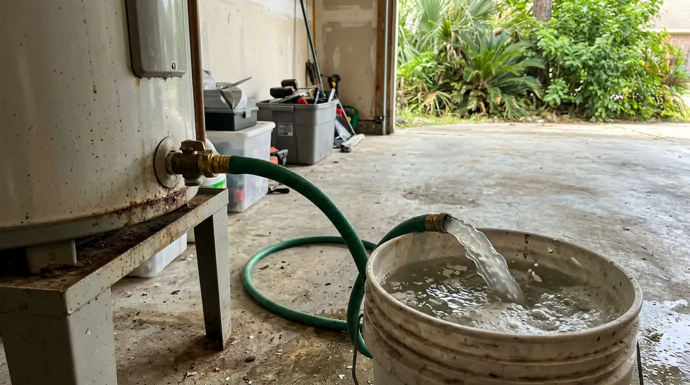 Sediment flushed from a water heater tank during maintenance in Houston