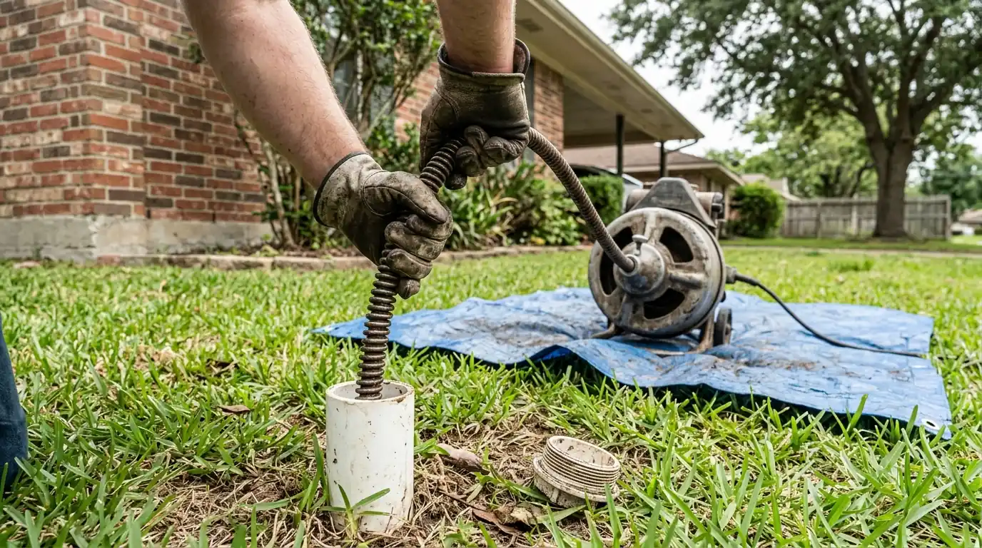Open two-way sewer cleanout in the yard of a Houston home with a drain cable ready beside it
