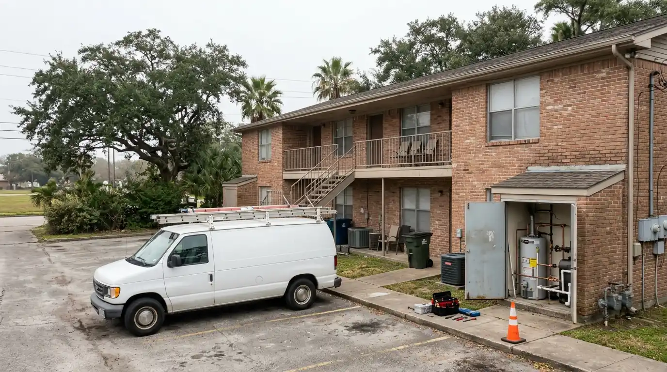 Rental apartment building in Houston with a utility closet open for plumbing repairs