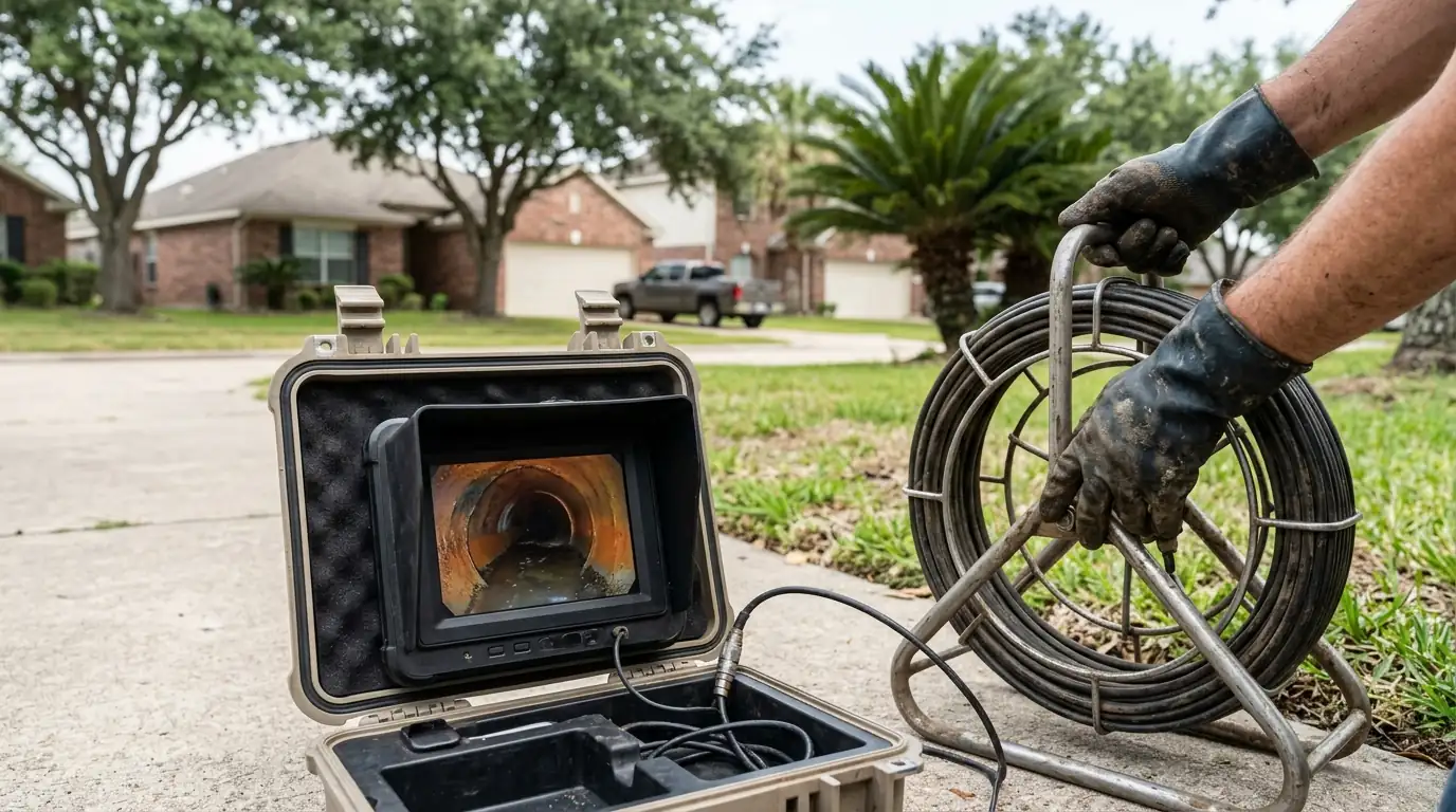 Sewer camera showing a sagging main line in southeast Harris County, TX