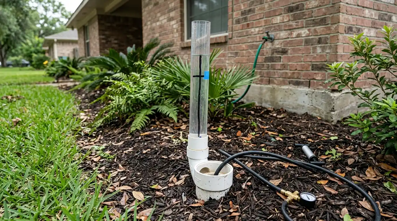 Inflatable test ball and water level gauge set in a sewer cleanout outside a Houston slab house