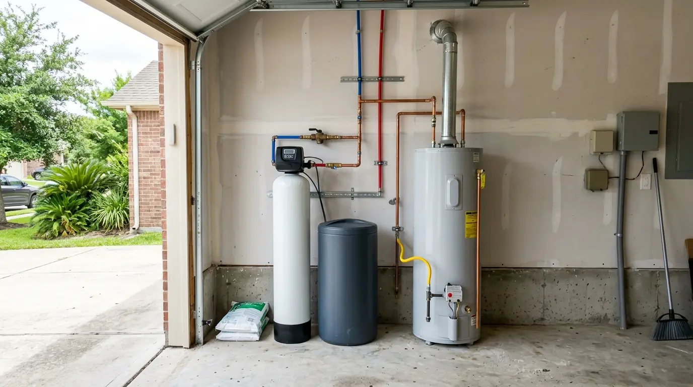 New water softener with bypass valve installed beside a water heater in a Pearland, TX garage