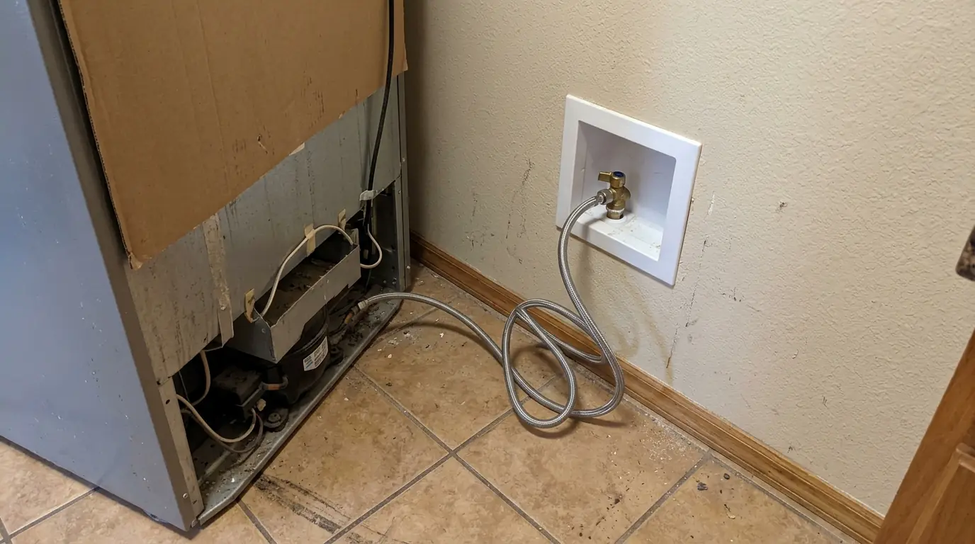Recessed ice maker valve box and refrigerator water line in a Houston kitchen