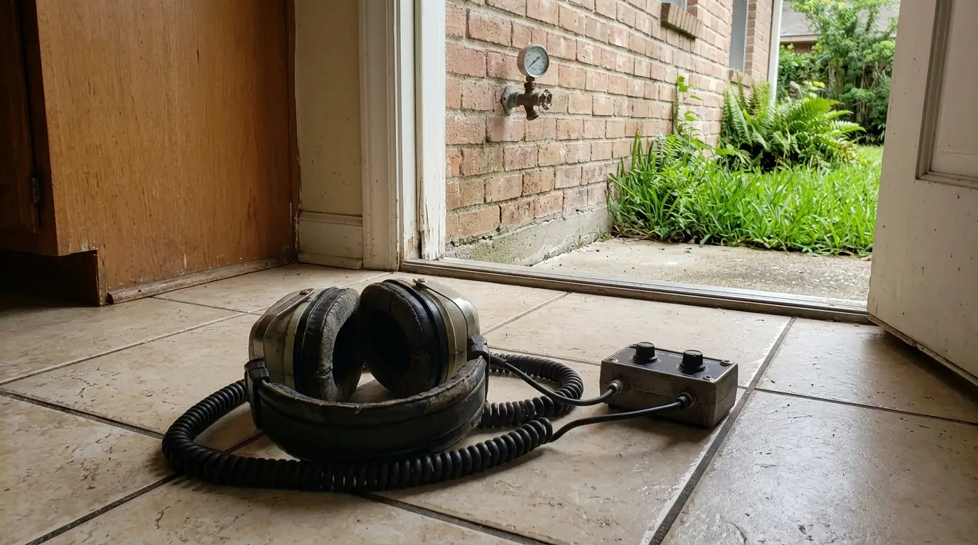 Acoustic leak detector on kitchen tile during a slab leak search in a Pasadena, TX home
