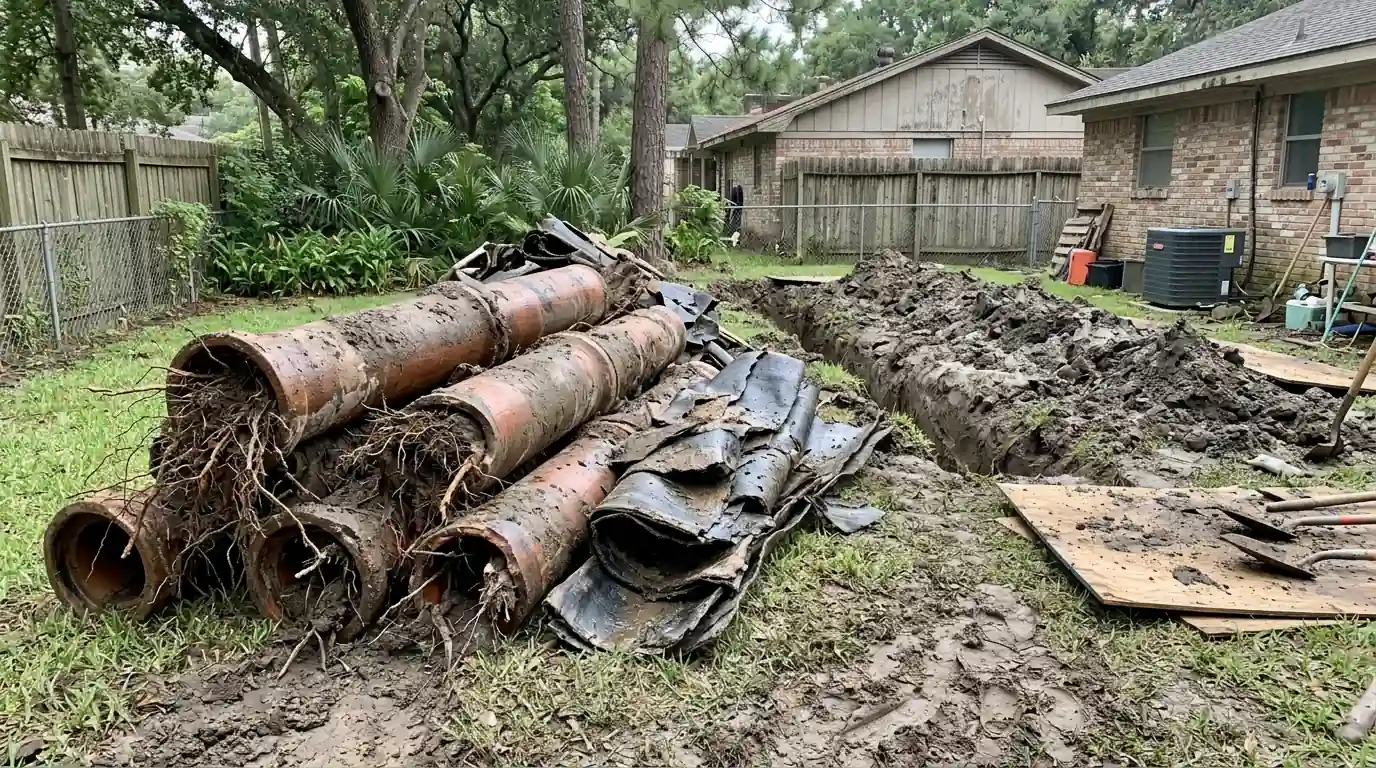 Old clay and fiber sewer pipe removed during a Houston replacement
