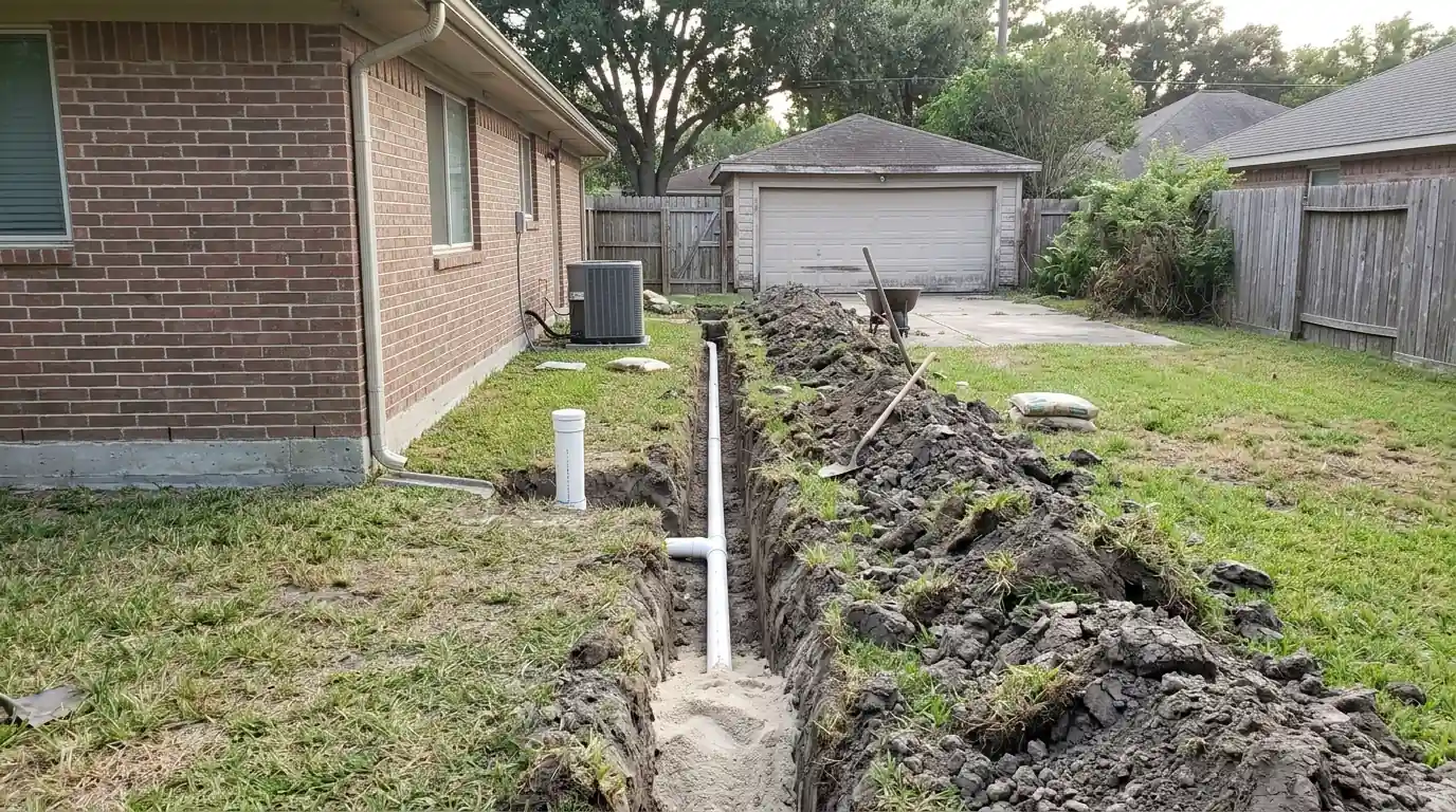 Drain line trenched to a new garage apartment behind a Houston house