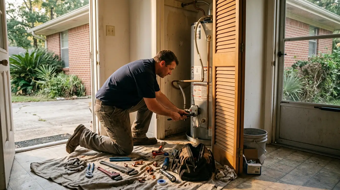 JV Plumbing plumber checking a gas water heater in a southeast Houston home