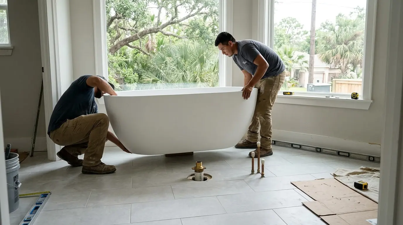 Freestanding tub drain and filler hookup in a remodeled Houston bathroom