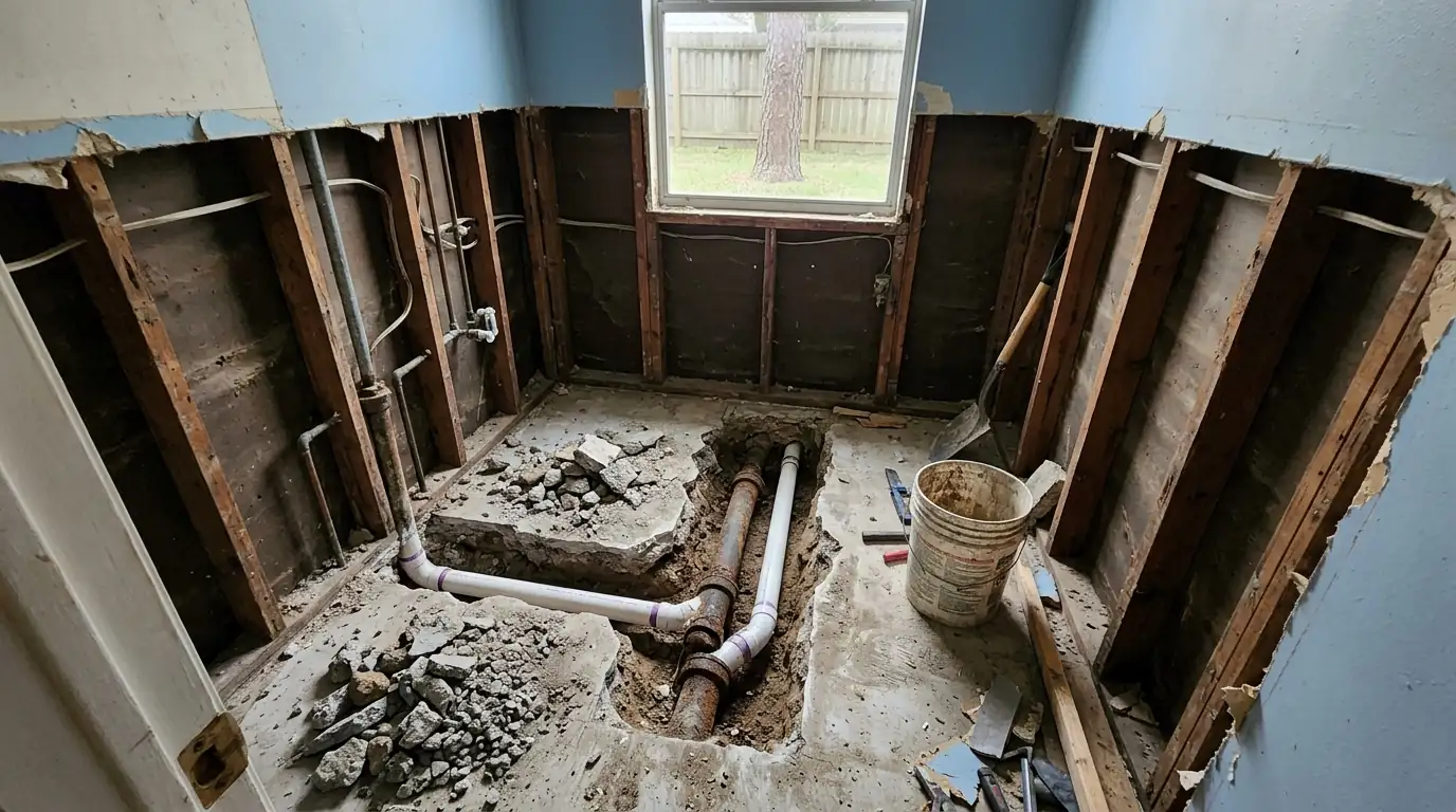 Old cast iron drain exposed beside new PVC during a Houston bathroom remodel