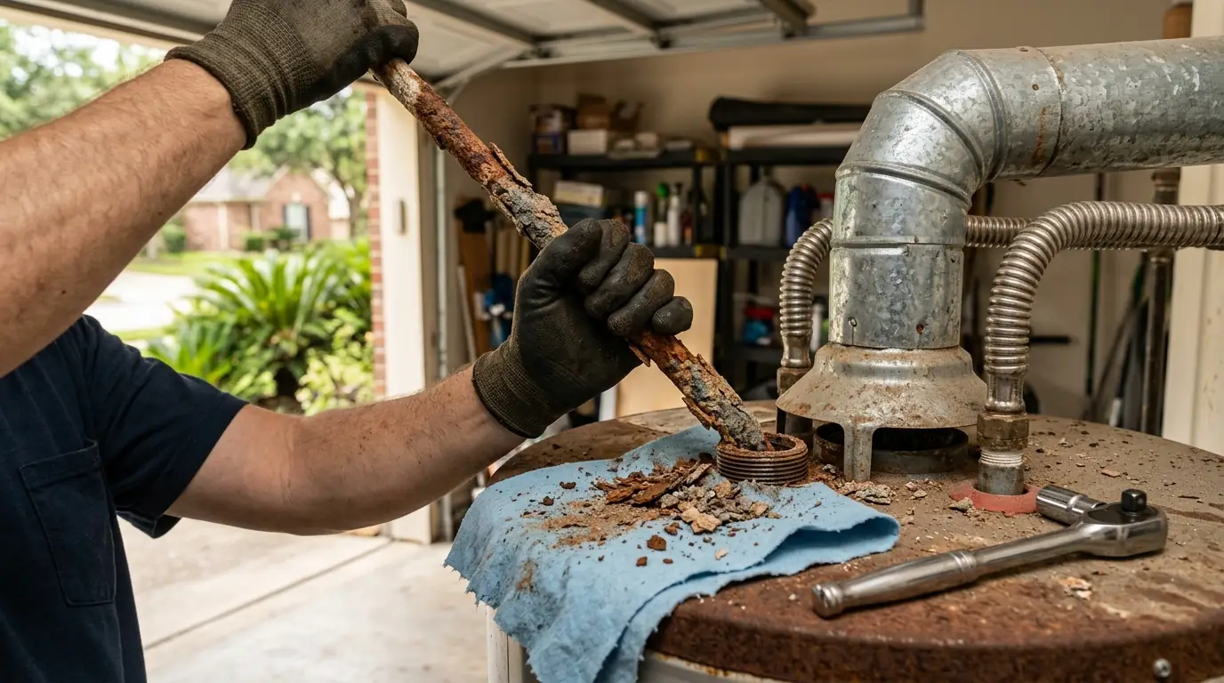 Gas tank water heater in a Houston garage with a puddle at its base and the drain valve visible