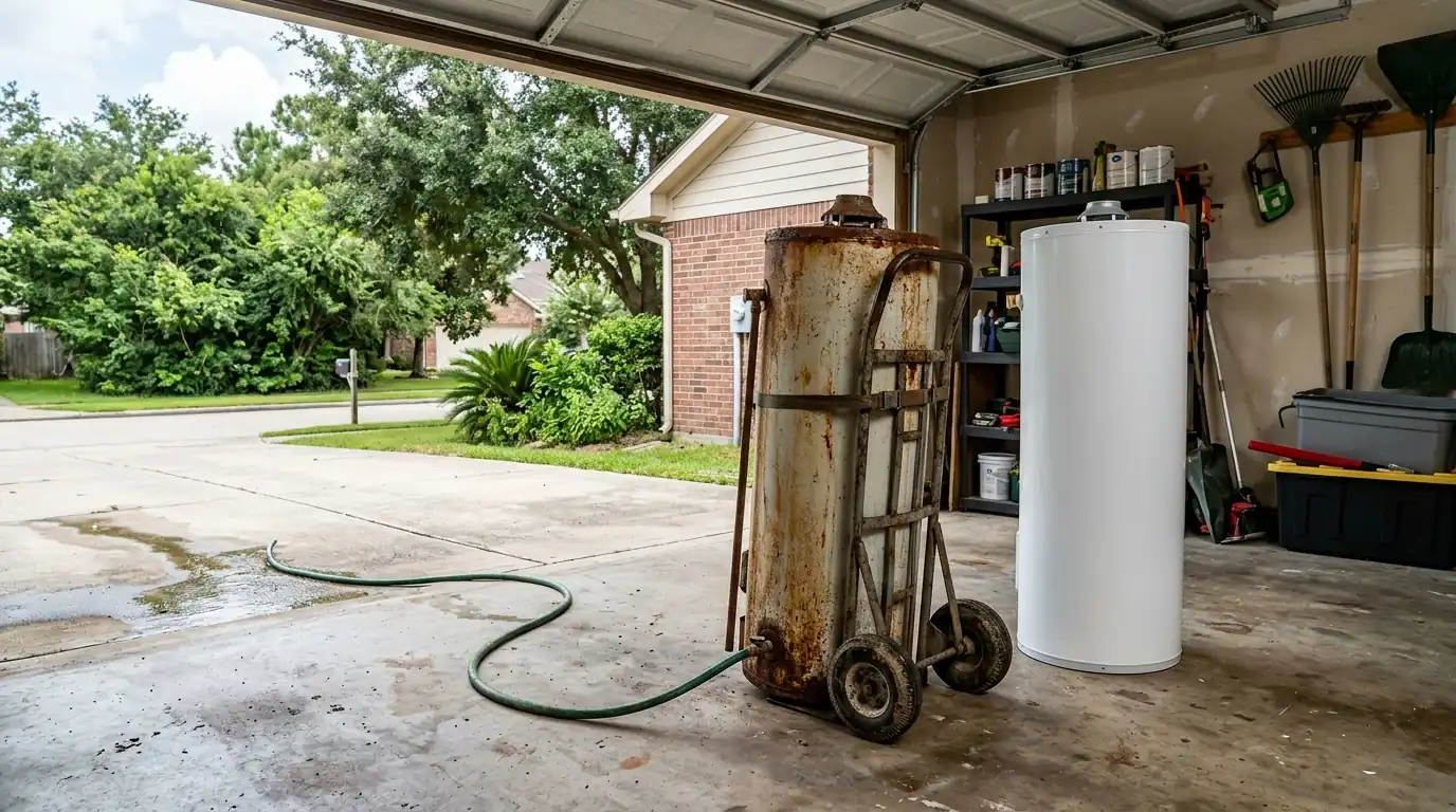 Old rusted water heater removed and a new tank ready in a Houston garage