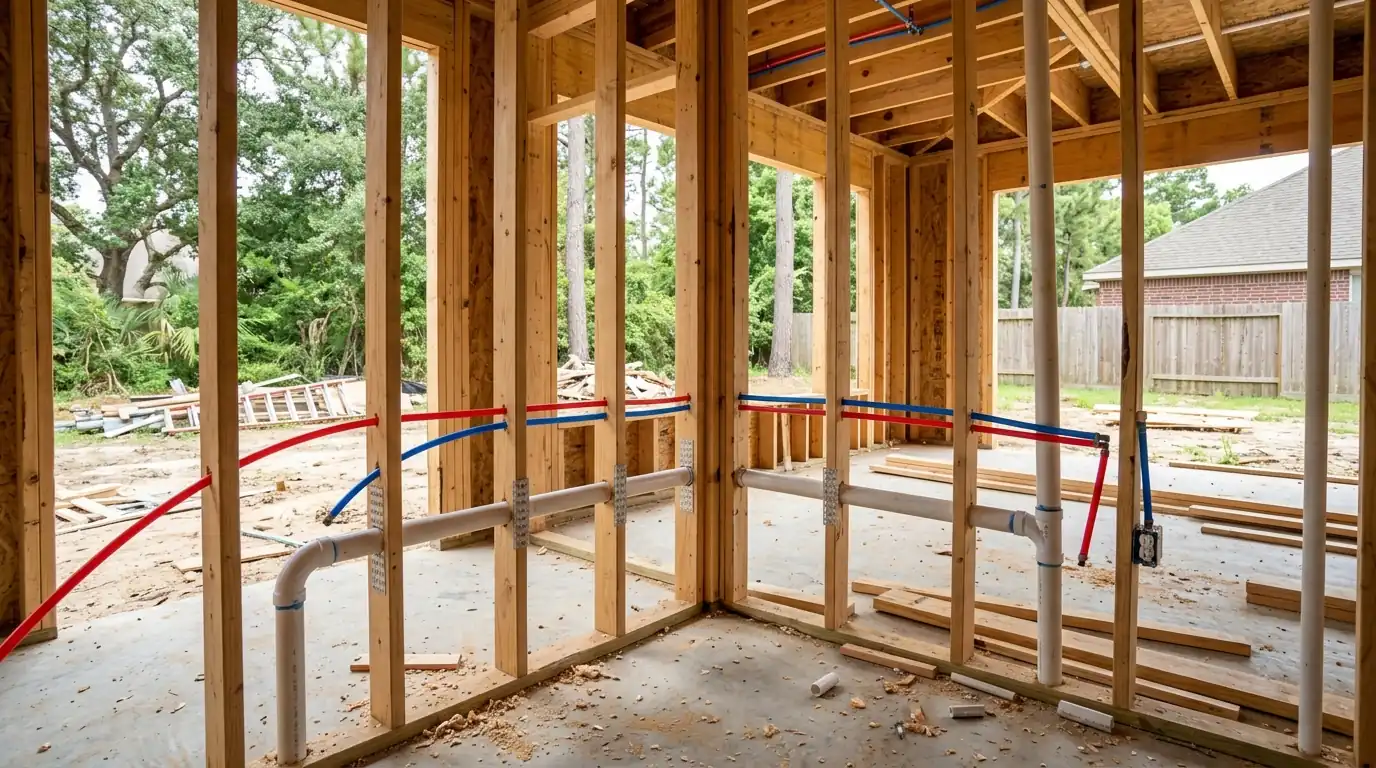 PEX supply and PVC vent rough-in in the framing of a Houston home addition