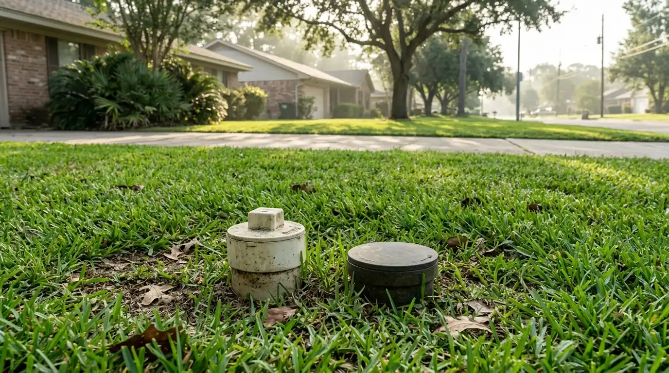 Sewer cleanout and camera reel in a southeast Houston front yard