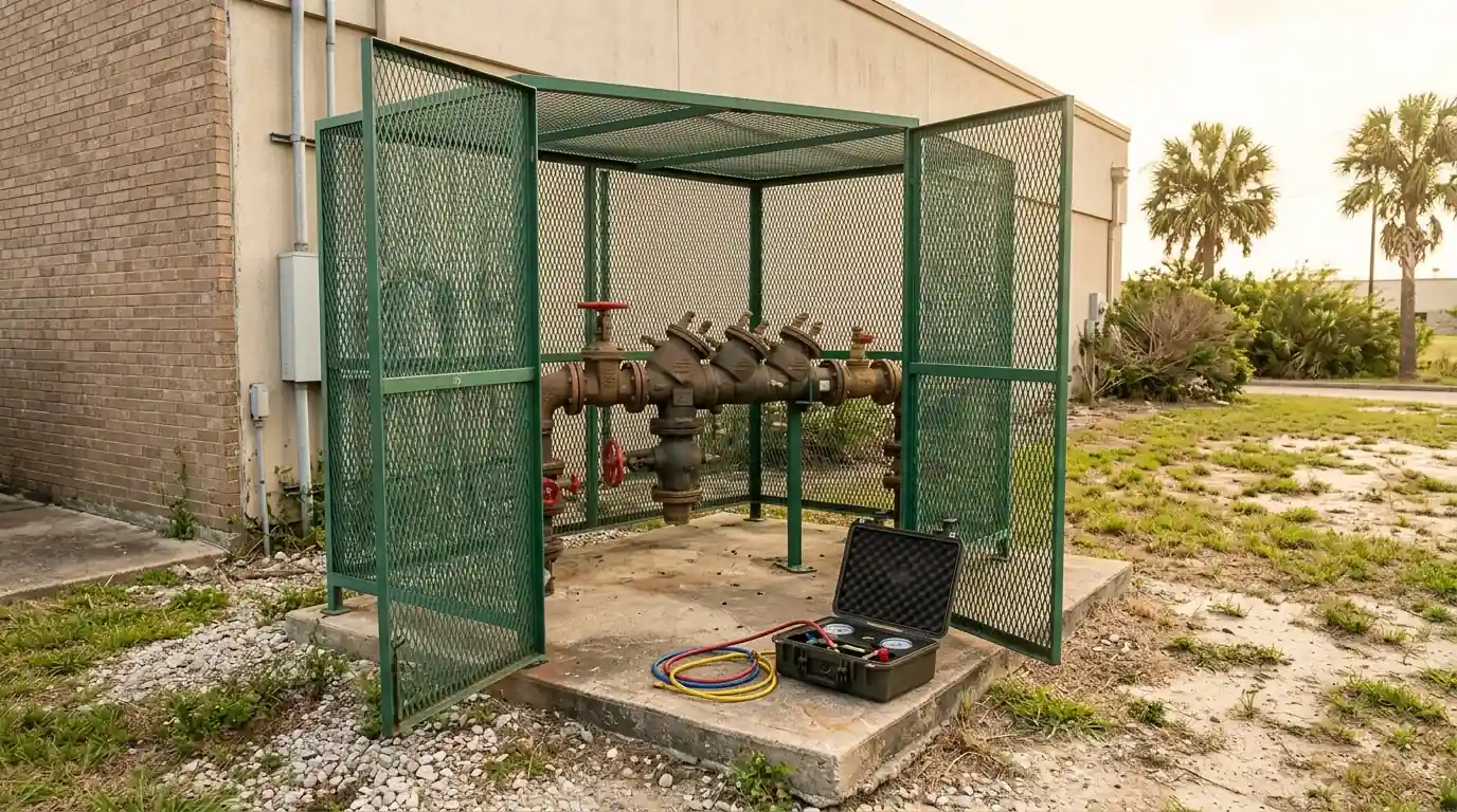 Commercial RPZ backflow assembly being tested outside a Houston business