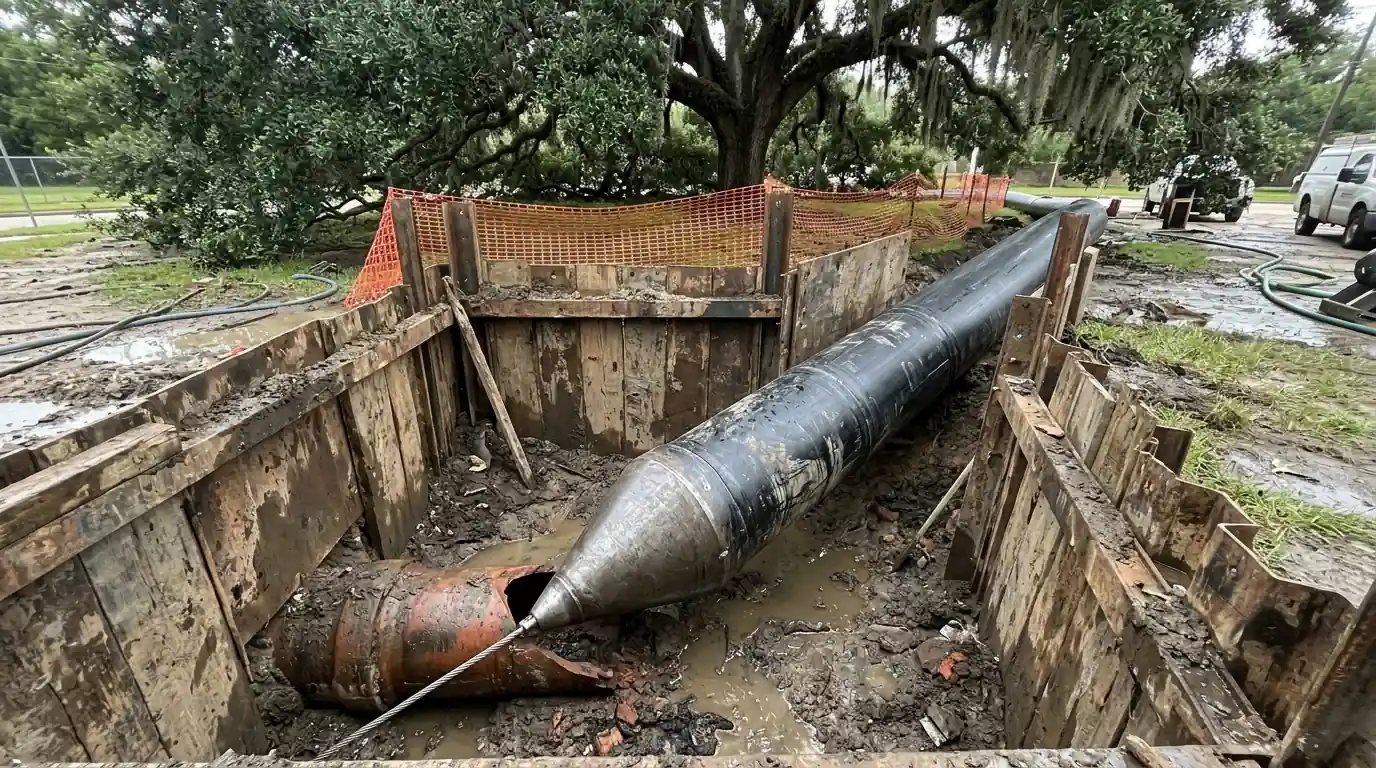 Pipe bursting head pulling new HDPE pipe near a Houston oak tree