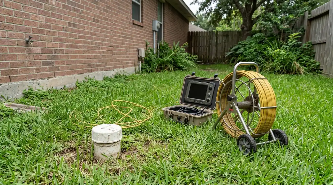 Sewer camera set up at an outdoor cleanout of a La Porte, TX house