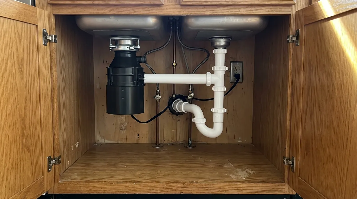 New garbage disposal installed and connected under a sink in a Houston kitchen