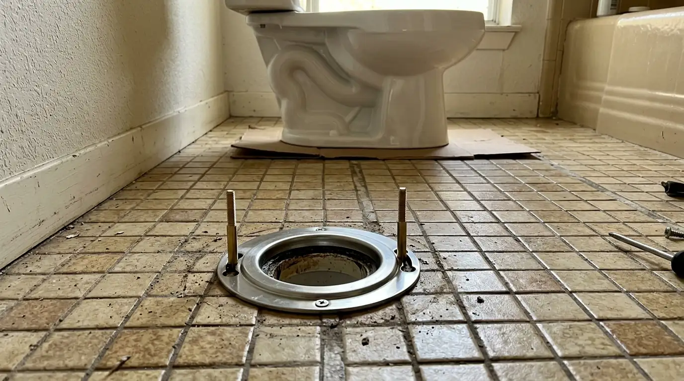 Toilet flange repair ring and new bolts before a toilet install in Houston