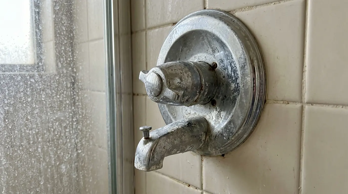 Hard water scale on a shower door and faucet in a Houston bathroom