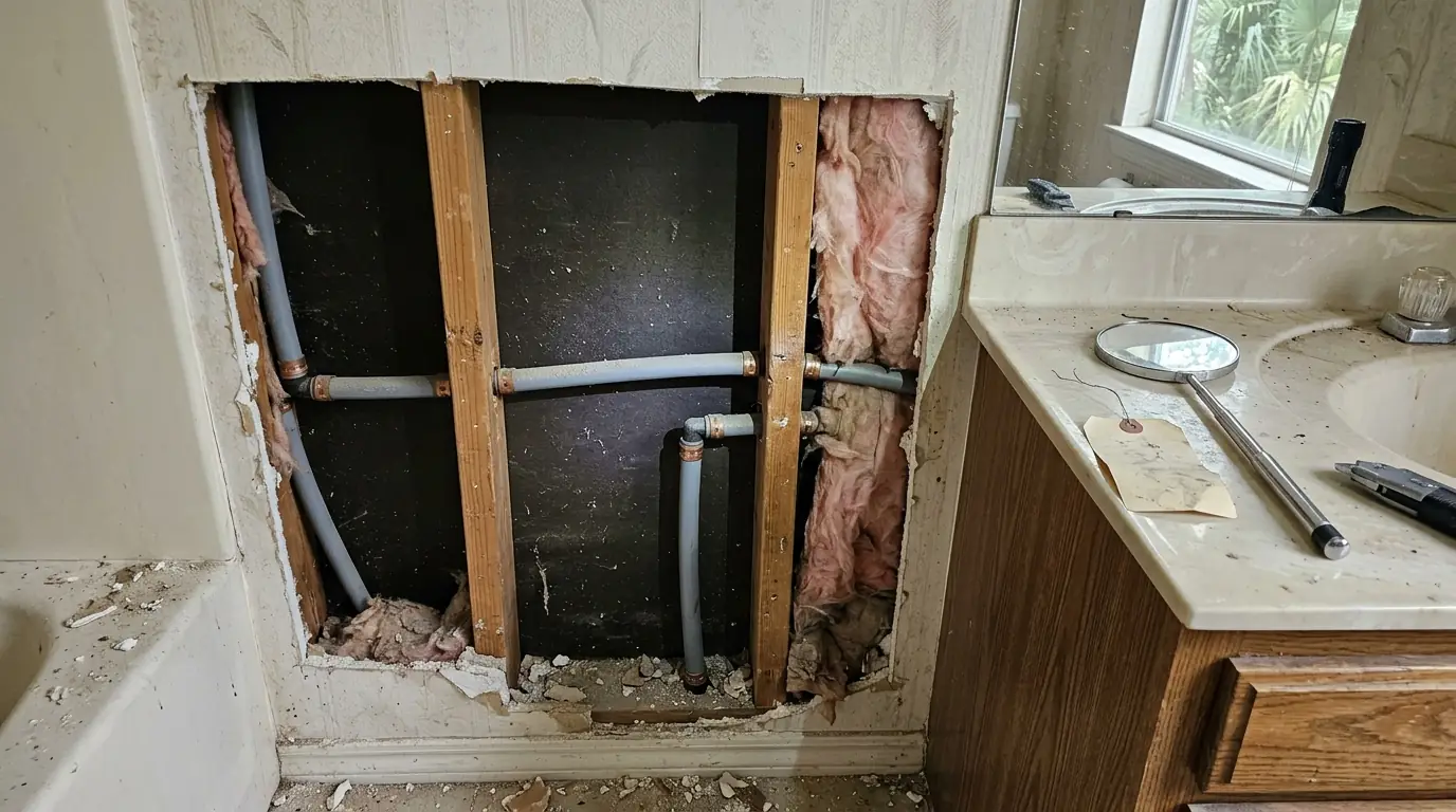 Gray polybutylene pipe found in a wall during a Houston home plumbing inspection
