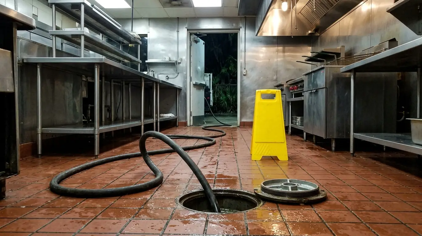 Grease trap line being jetted from a floor cleanout in a Houston commercial kitchen