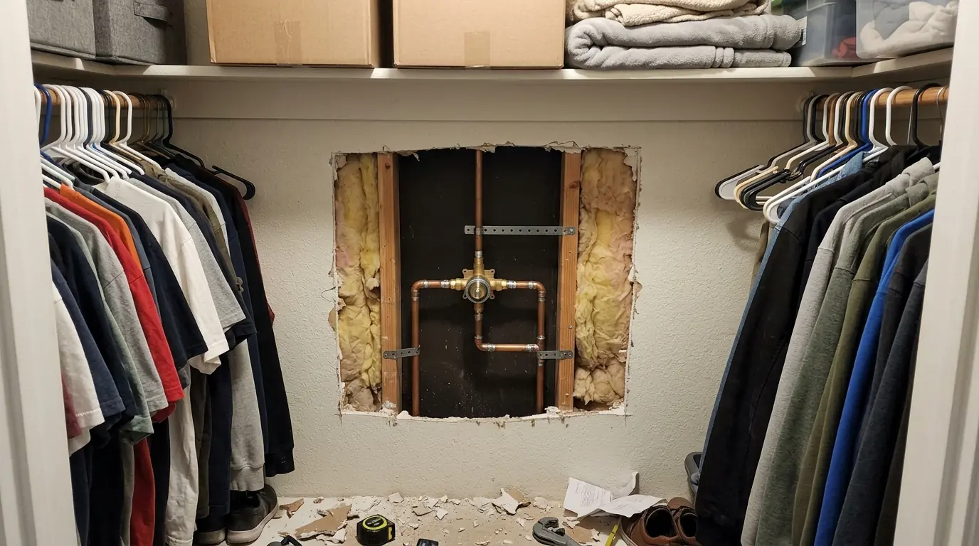 New shower valve installed through a closet wall access in a Houston home