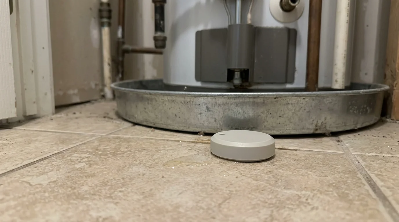 Leak sensor beside a water heater pan in a Houston utility closet