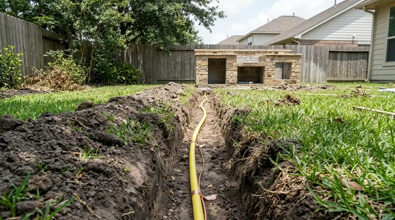 Underground gas line trenched to an outdoor kitchen in a Houston backyard