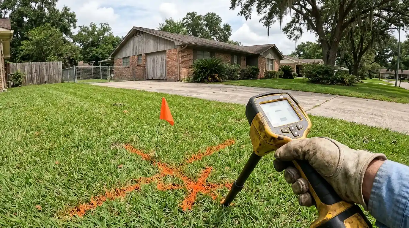Sewer defect located and marked in a Houston front yard