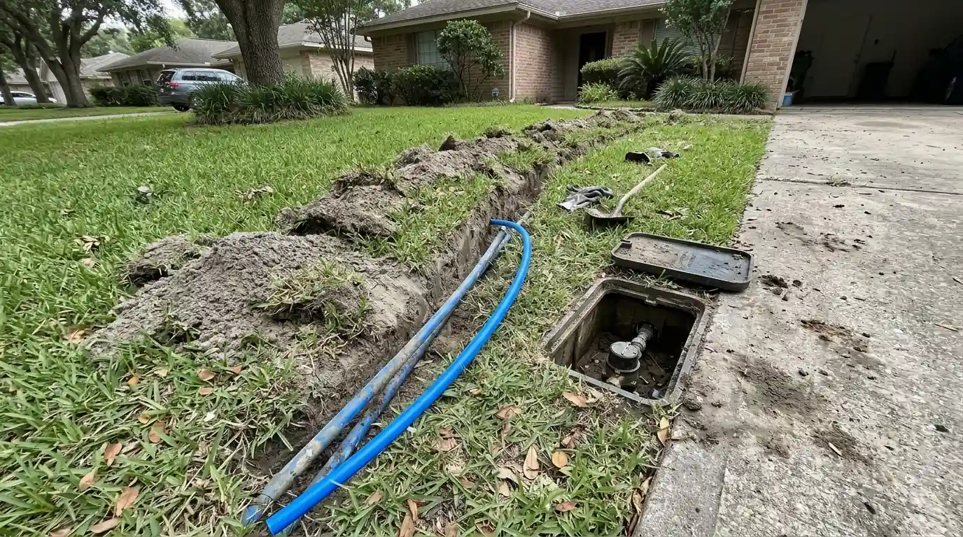 Blue poly yard line being replaced with new service pipe at a Houston home
