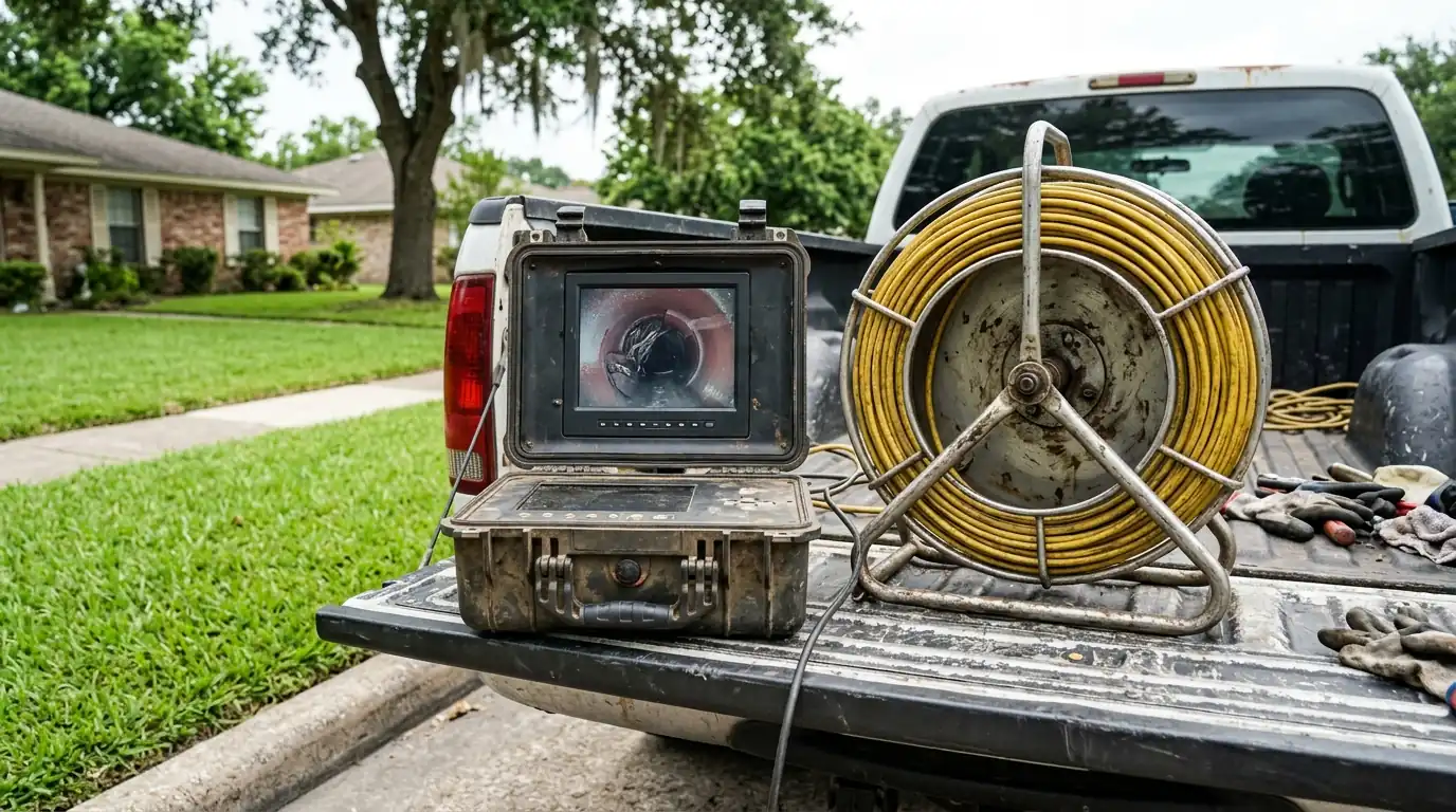 Sewer camera monitor showing roots in a Houston clay line