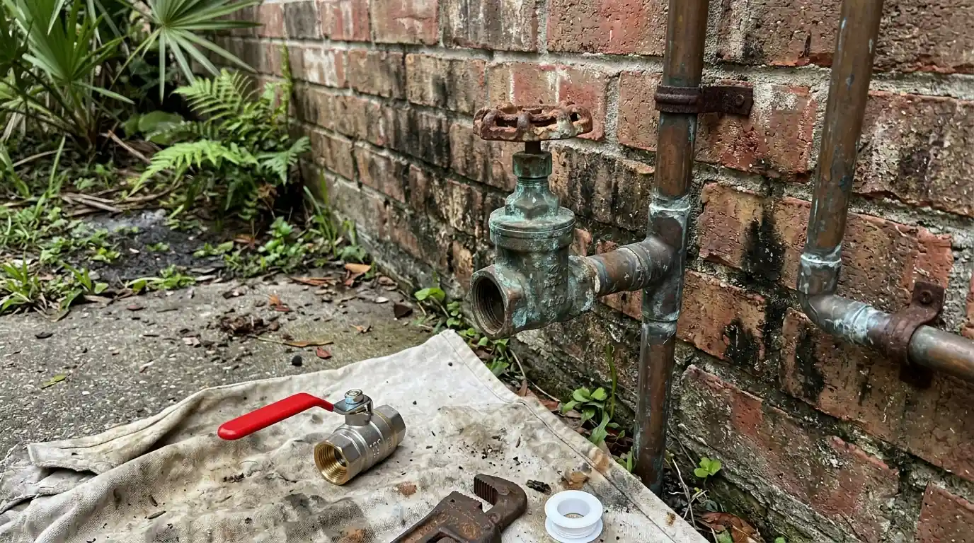 Seized gate valve being replaced with a ball valve at a Houston home